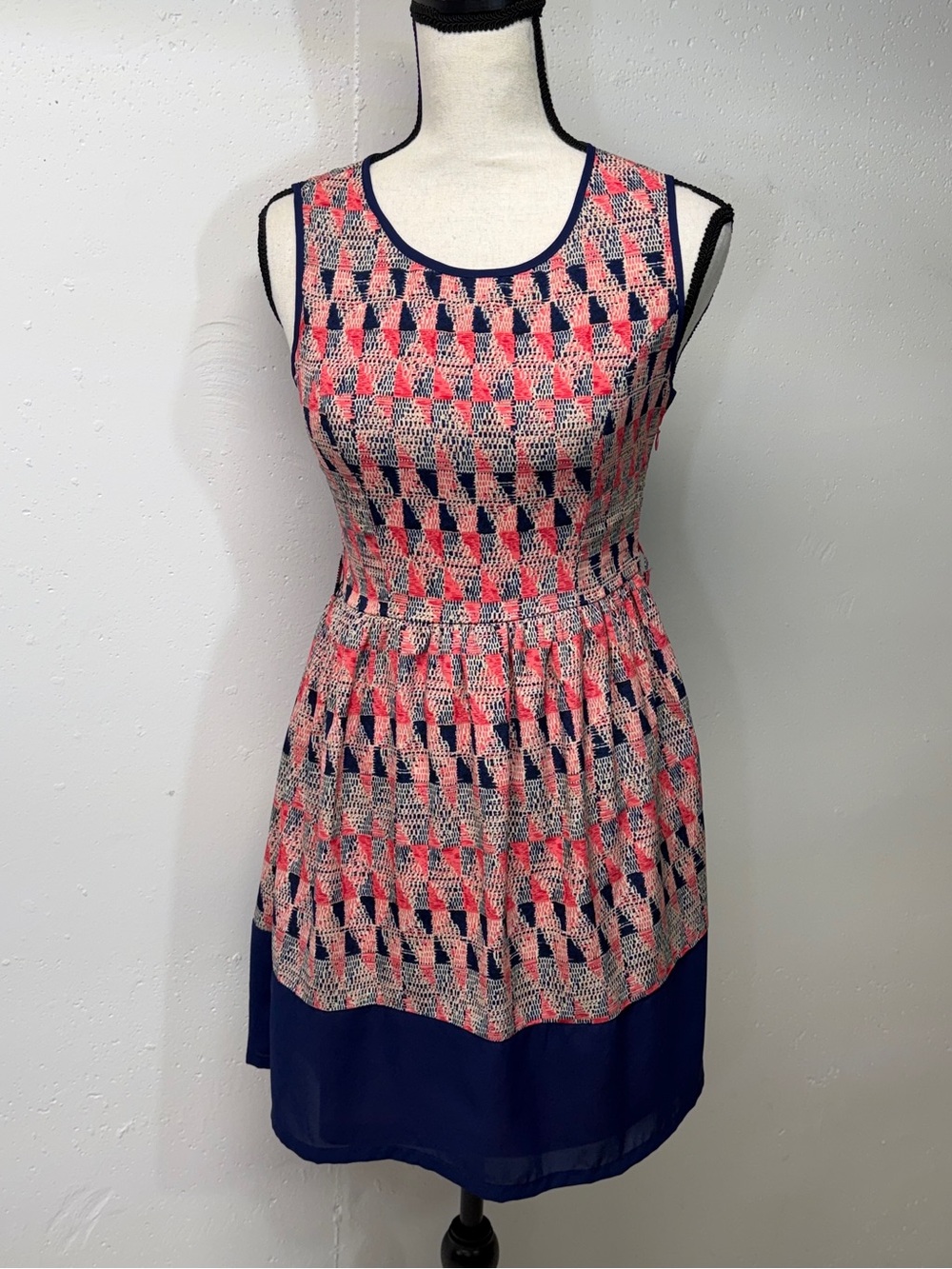 YA Los Angeles navy and Coral Geometric Fit & Flare Dress